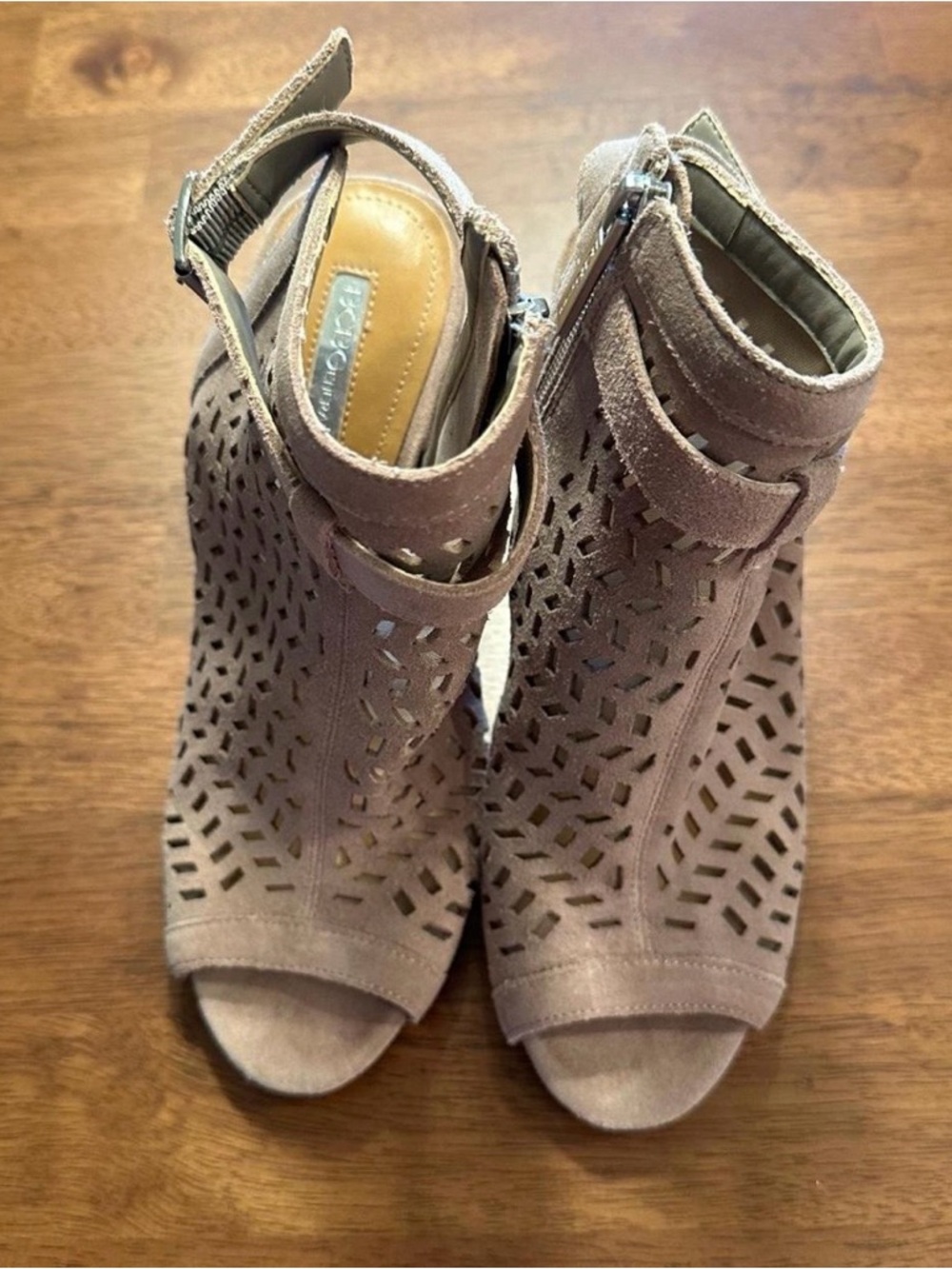 BCBGeneration Taupe Laser-Cut Peep-Toe Ankle Booties